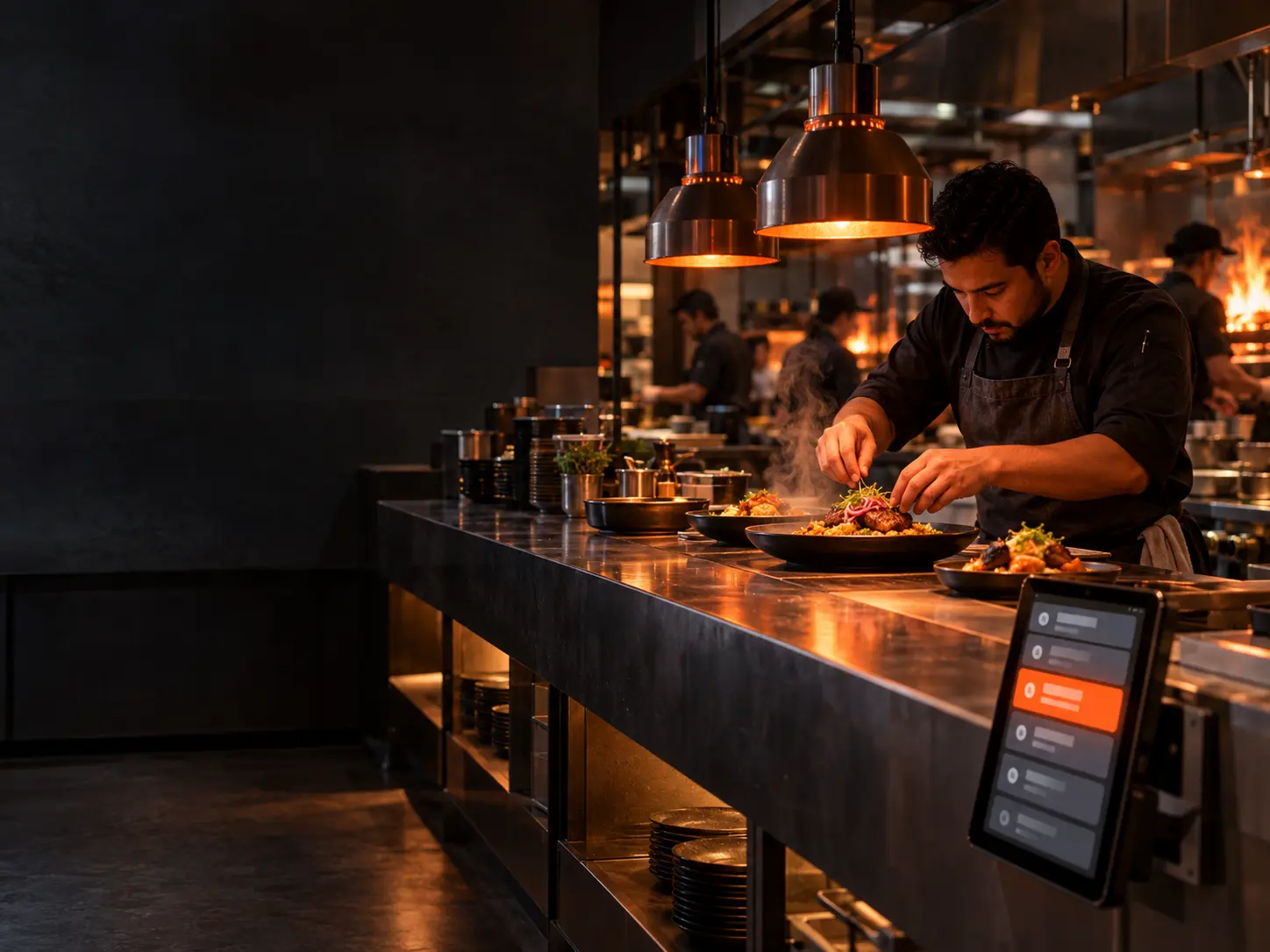 Cocina en plena hora pico con IA para restaurantes contestando mensajes